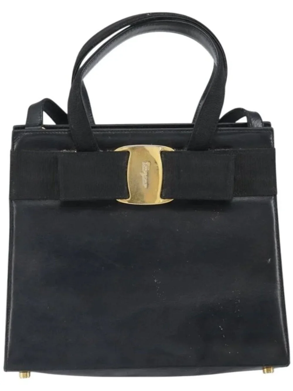 Salvatore Ferragamo Vala Hand Bag Leather 2way Black Gold Auth 161693
